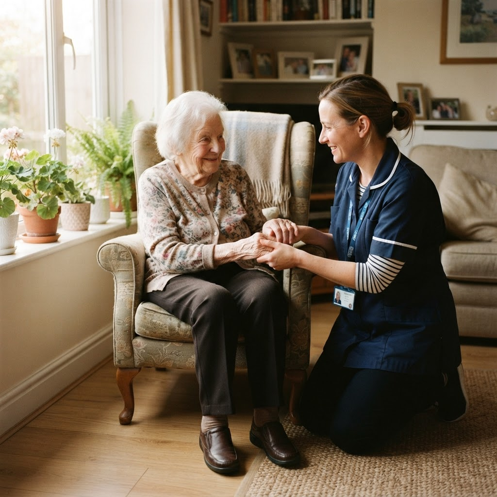 A caregiver holding hands with an elderly resident