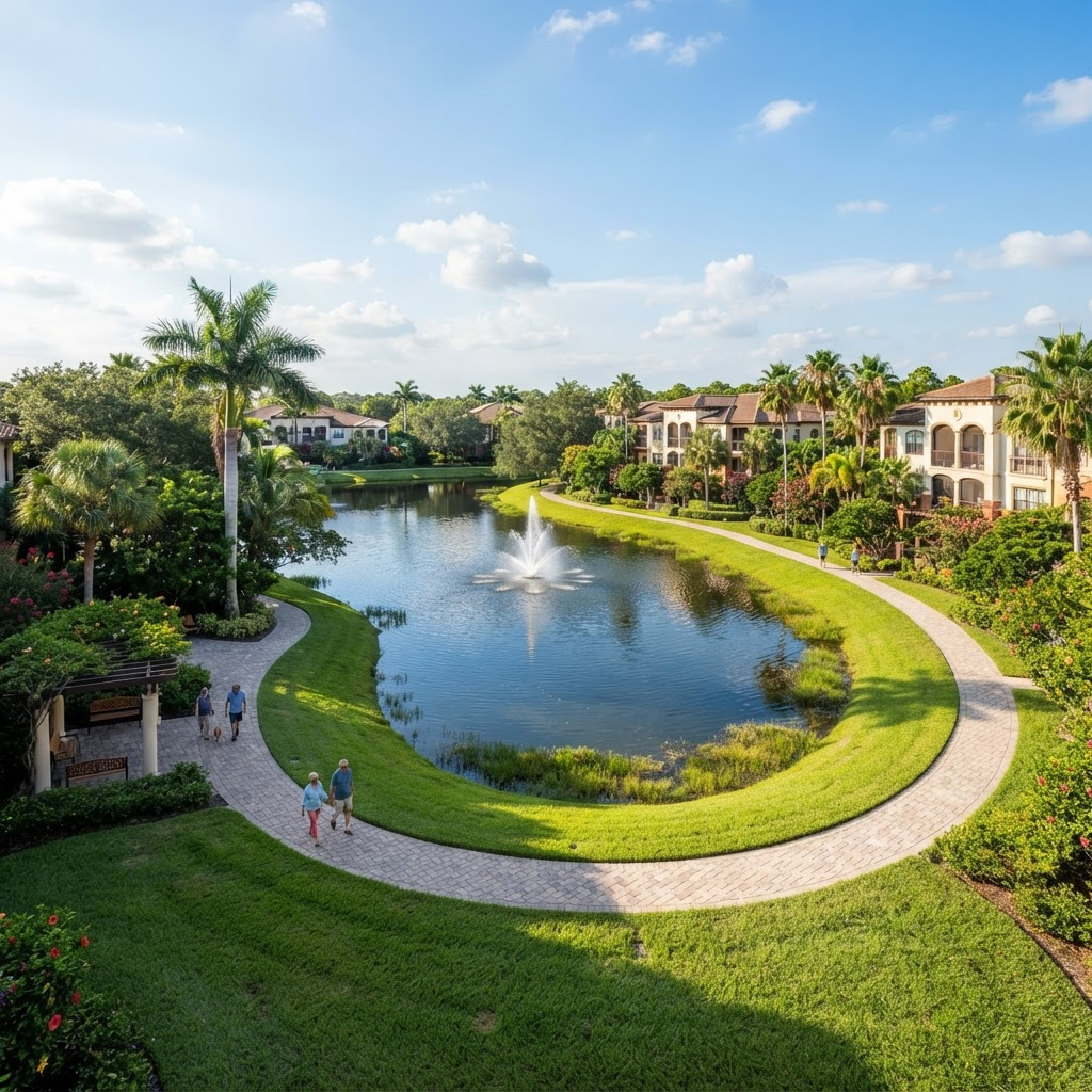 Aerial view of the retirement community campus with lakes and gardens