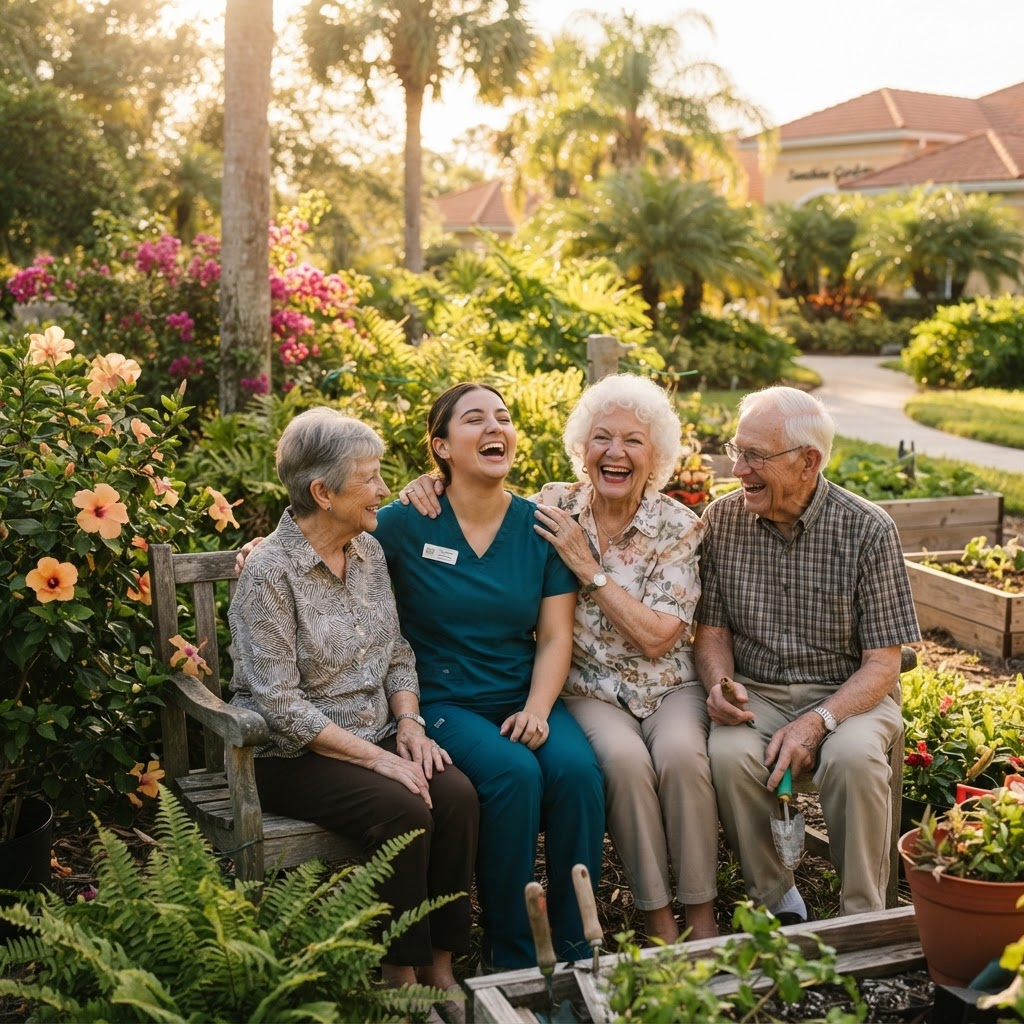 Senior residents and a caregiver laughing together in a garden at the community