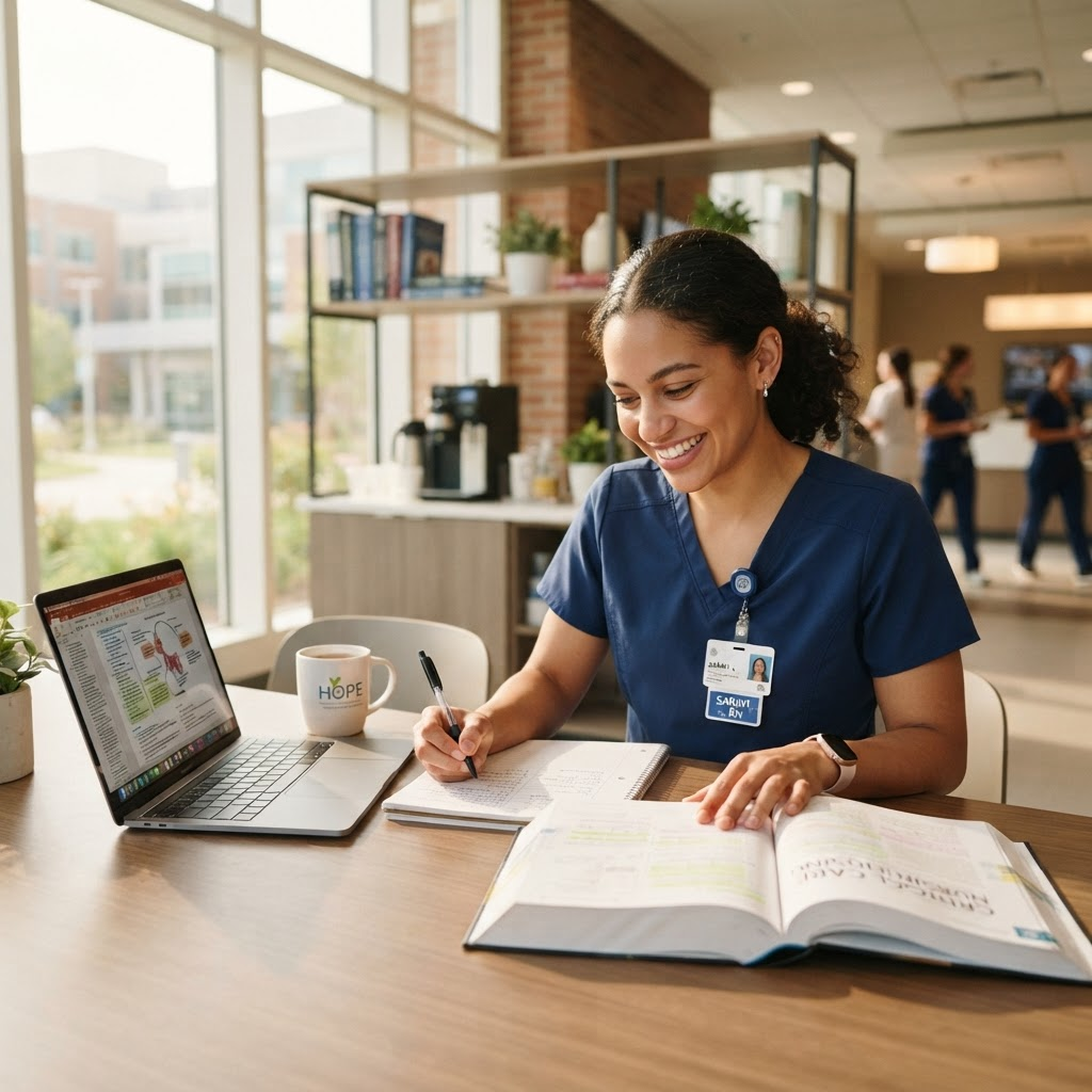 A young healthcare employee studying